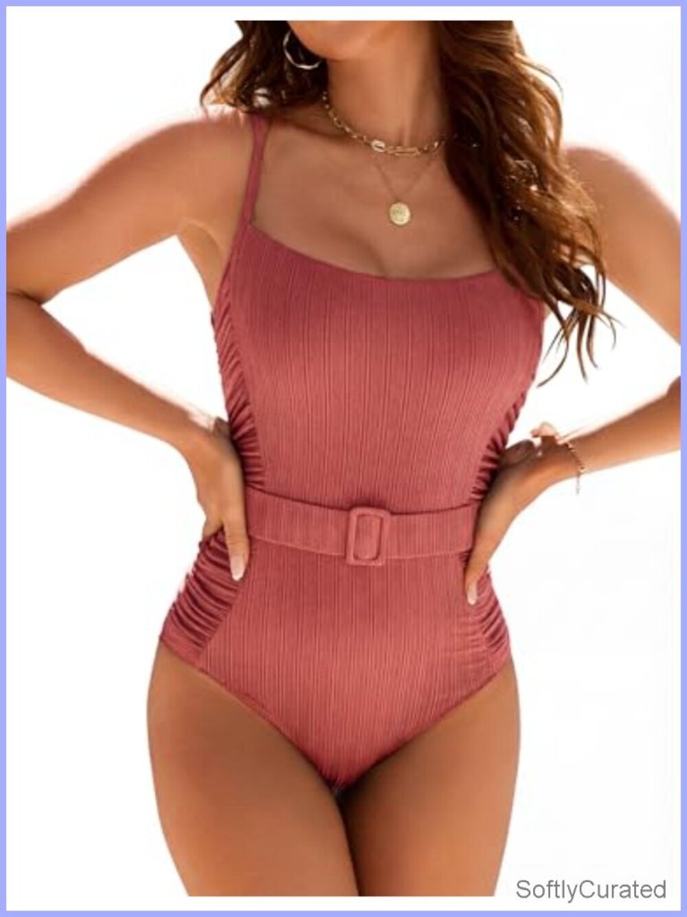 One Piece Swimsuit Tummy Control Belted Ruched Textured Ribbed Bathing Suit